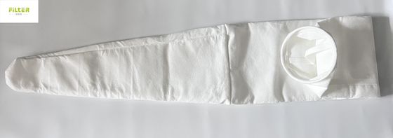 Filtro a sacco in poliestere per la raccolta della polvere in ambienti umidi e acidi nelle industrie del cemento e minerarie con anello di tenuta superiore in acciaio inox